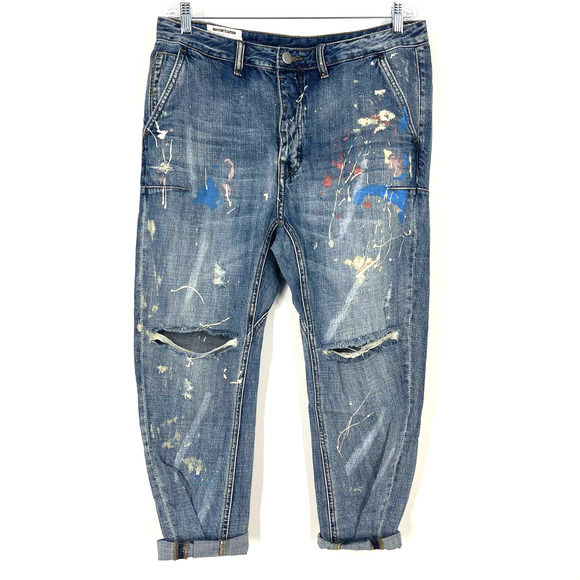 Man X One Teaspoon 34R Blue Suede Mr Browns Paint Splattered Distressed Jeans - Picture 12 of 13